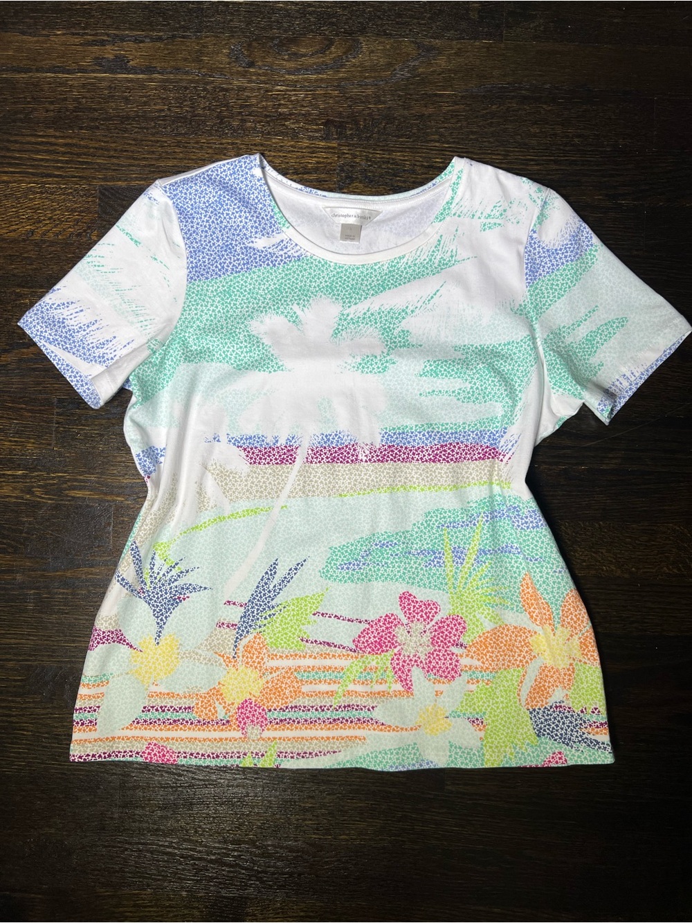 Christopher & Banks Tropical Beach Floral Mosaic Short-Sleeve Round Neck Tee L